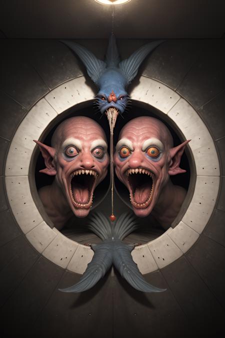 art by (Todd Schorr:1.2). close up [fish | jester | fish opening mouth] clown, (symmetry:1.4). (Apterus creepy anatomy:1.1). (odd nerdrum:1.1).volumetric satellite recessed lighting tunnel.
-(cartoon, sketch, painting:1.4), (low quality, bad quality, medium quality, lowres:1.4), (female:1.4)
Steps: 20, Sampler: DPM++ 2M Karras, Guidance Scale: 6.5, Seed: 3888206551, Size: 640x960, Model: djnmranchmix1_5_f16.ckpt, Strength: 1.0, Seed Mode: NVIDIA GPU Compatible, Upscaler: realesrgan_x2plus_f16.ckpt, Hires Fix: true, First Stage Size: 512x768, Second Stage Strength: 0.4