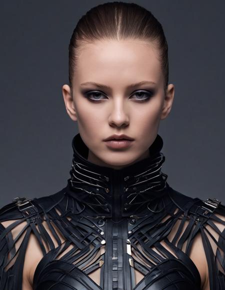 Techwear fashion <lora:Alexander McQueen-art deco-000005:1>,Alexander McQueen,art deco,dress,, hair, forehead, eyebrows, eyes, nose, lips, neck, collarbone, . Futuristic, cyberpunk, urban, tactical, sleek, dark, highly detailed