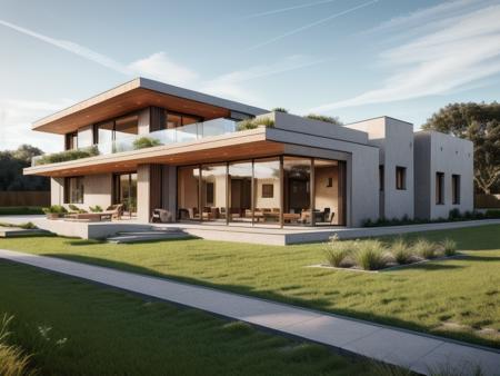 mordenhouse, modern rancher in the fields, morning, dramatic, architecture, minimalistic, masterpiece, (photorealistic:1.2), best quality, <lora:bietthuMJ1:0.5>