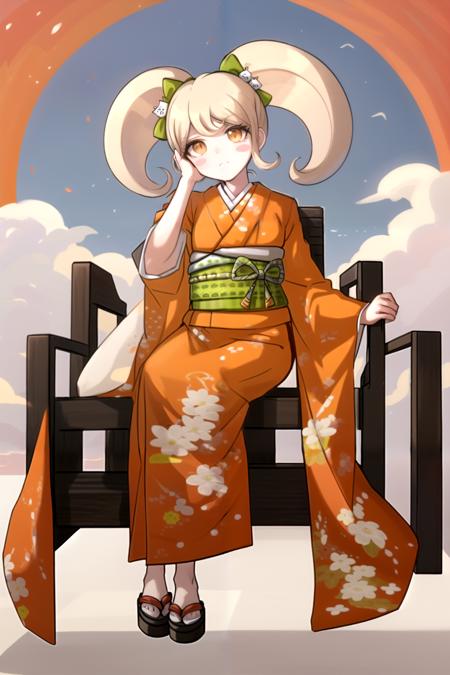 masterpiece, best quality, highres,  <lora:HiyokoDGv3:1>, 1girl, solo, cat hair ornament, blush stickers, japanese clothes, kimono, hair ornament, bow, hair bow, obi, orange kimono, sash, long sleeves, wide sleeves, green bow, sky, full body, sitting on throne, jewelery, red sky, petite, hands on own face, arm support,