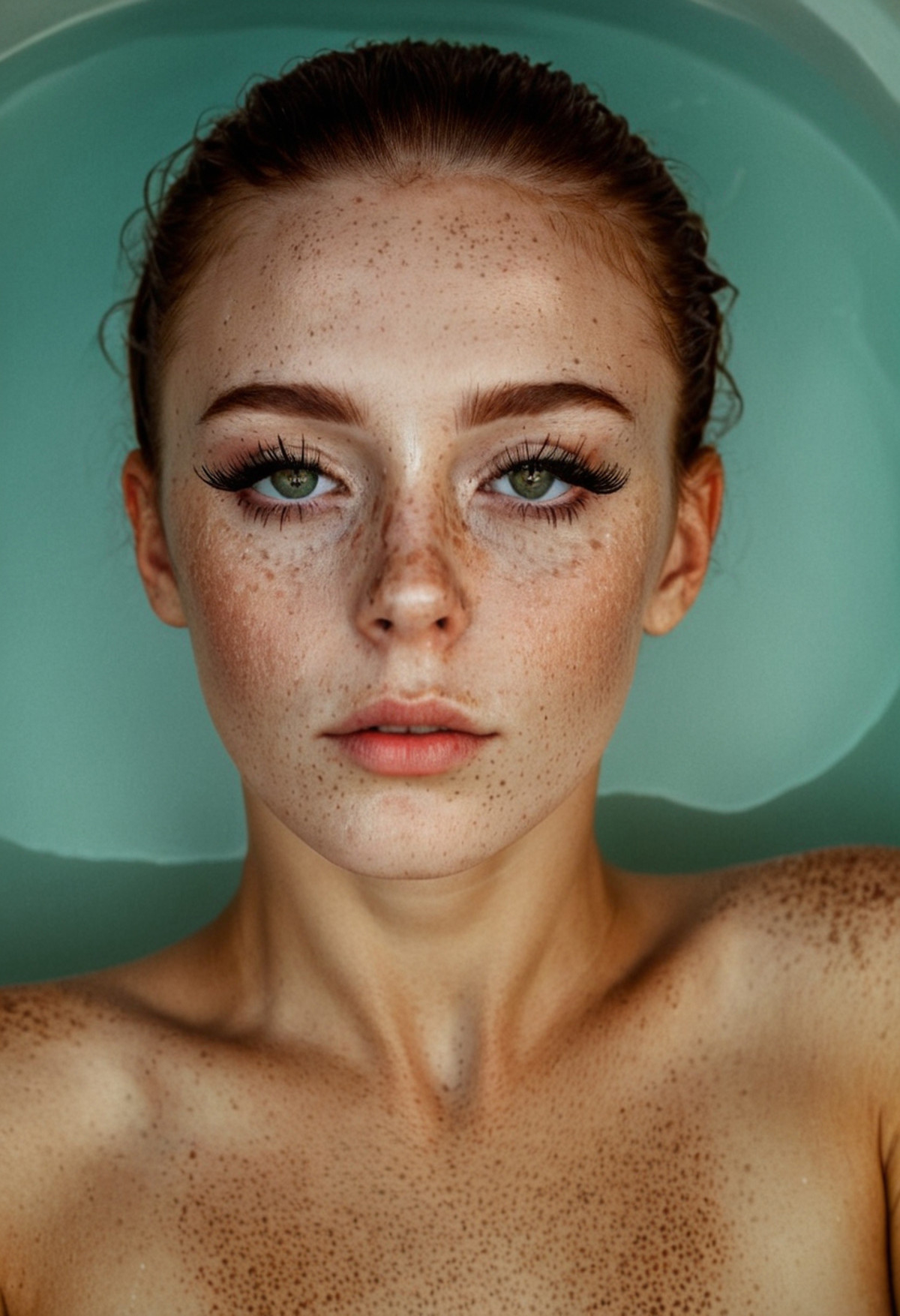<lora:174F792232:1> woman, in a hot tub, covered in freckles, a lot of freckles, wearing winged eyeliner. high-quality ima...