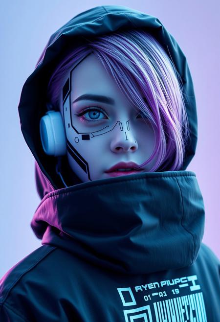 cyberpunk, closeup portrait of a woman with a half robot face and zeiss camera eyes , pastel blue and purple,  wearing a black high collar hooded parka with technical macro writing resembling an qr-code//bar-code on the back, solo, woman, high collar parka,
