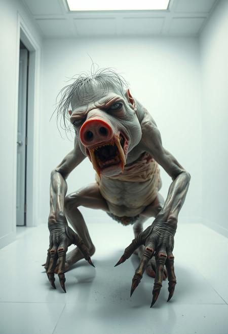 A clinically pure white, coldly lit room.
In the center crouches a deformed creature. Its head has blind tiny eyes and covered with thin strands of hair, its nose resembling a snot-ridden reddish pig's snout. Its mouth resembles a drooling, gaping wound with sharp teeth. Its limbs are thin and unnaturally long, its body bloated and sweating, covered with pox and festering pimples. Its hands are slimy, stinking claws with horny talons. Photorealistic. 
Forensic photo.