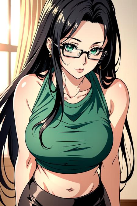 <lora:Chisato Hasegawa:1> Black Hair, Long Hair, Green Eyes, glasses, Leggings, Crop Top Tshirt, perfect lighting, ((shining face, shining body)), seductive look, perfect face, make up, eye shadow, ((gorgeous)), Extremely beautiful, perfect, hour glass body, (masterpiece:1.2), (best quality:1.2), cinematic, perfect skin, perfect lighting, textured skin, detail, beauty, wonder, sharp focus, ultra-detailed, illustration, perfect face, ((gorgeous)), Extremely beautiful, perfect, detailed background, alluring, beautiful, seductive, alluring, ((Shonen Style)), (detailed background, intricate background:1.1), beautiful ((Extremely Detailed)), ((Best Quality)), ((Masterpiece)), ((4k))