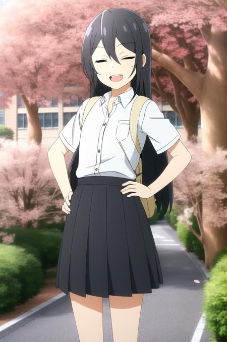 (masterpiece), high quality, (detailed background), 1girl, solo,
<lora:SawadaHonoka-v3-04:0.7>, ChopioSawadaHonoka, black hair, long hair, hair between eyes, mole under eye, (looking at viewer:1.3),
outfit_1, white shirt, collared shirt, short sleeves, shirt tucked in, pleated skirt, black skirt,
backpack, cream backpack
outdoors, cherry blossoms, school, hand on hip, v, (closed eyes:1.2), peace sign,
standing, smile, open mouth, teeth,