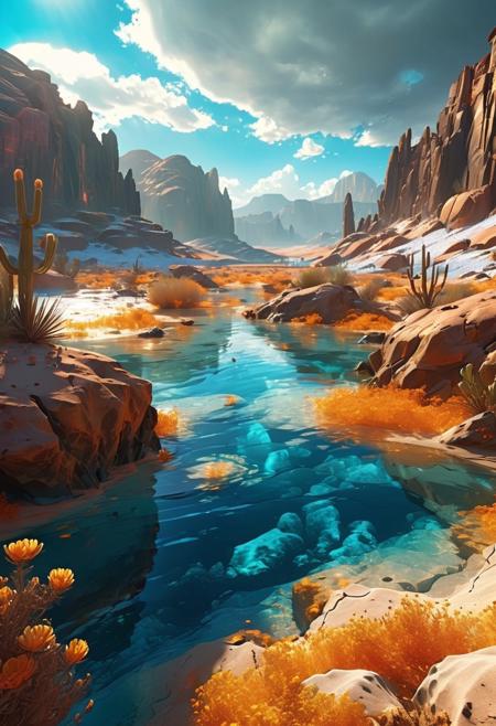 (ultra high res:1.4), (masterpiece), (beautiful lighting:1.4) , shattered plains, desert  landscape, sand Mountains,desert plants,  sunlight setting illuminates the crystal-clear water oasis  (deep underwater), anime, half above water and half below water, (clear underwater), beautiful sky with clouds and smoke, desert animals and water creatures, depth