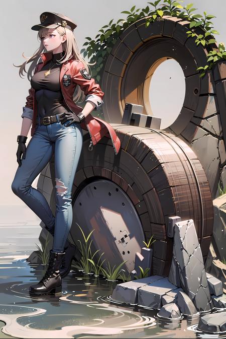 [((masterpiece, best quality:1.4)), (((extremely detailed))), sharp image:1.4, (high quality, highres:1.4)], 1girl, solo, jeans, jacket, hat, gloves, boots, stone, rock, explore, water, plant, gem, gem stone:1.4, glowing, game concept art, epic, hyper detailed intricate,