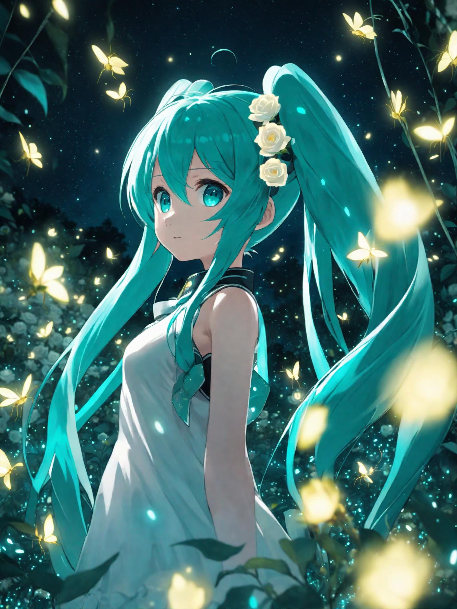 Anime Character with Blue Hair and White Flower in Her Hair.