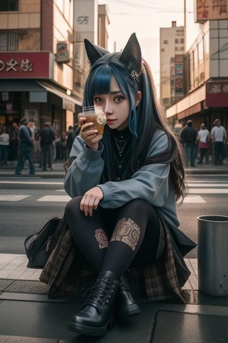 4K,8K. An attractive american gothic punk girl, with black punk fitting clothes, chestnut very long wavy hair, wide dreamy light blue eyes, wide smile, face close up, (holding a bubble tea,) (dynamic sitting pose, on the street)