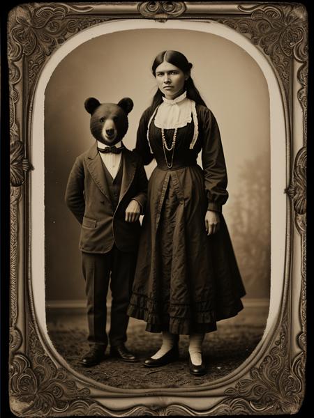 Victorian-era pocahontas standing with bear, posed for a prohibition-themed gala, captured in ferrotype style, high contrast, sepia-toned, soft focus, depth of field like f/750, vignette effect with version 6.0 touch, vintage aesthetic, antique texture, ultra-realistic.
