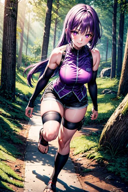 K4keiSumire purple hair long purple eyes Sleeveless purple uniform black shorts bangs