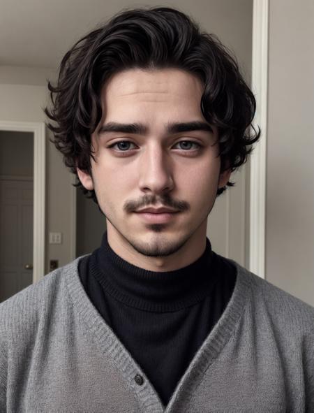 instagram photo, closeup face photo of 23 y.o man in black sweater, cleavage, pale skin, <lora:Jaimie_OC:0.5> jaimie, black_hair, facial_hair