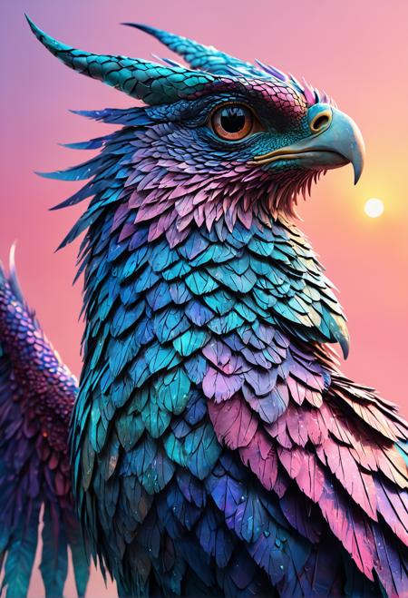 Introducing the Luminawing: a mythical creature with iridescent scales that shift between soft blues, purples, and silvers.  Filming in warm, golden light, with flashes of vibrant pink and turquoise.  Camera angle: low-angle shot from below, looking up at the Luminawing's majestic form.  Drawing style: expressive, detailed, whimsical.  Mixed drawing styles: watercolor washes blended with intricate digital linework.  Rendering in stunning 4K, high-quality visuals with ultra HD clarity.