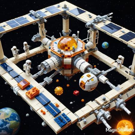 a space station orbiting a blocky LEGO planet, solar panels snapped from translucent studs, astronauts floating on hinge arms, docking bays glowing with internal light bricks, surrounding stars rendered as tiny stud specks, LEGO