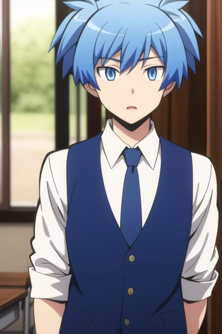 shiota_nagisa blue hair blue eyes short twintails school uniform shirt necktie vest