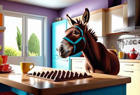 naughty donkey stealing chocolate out the kitchen. hyperdetailed, hyperrealistic, vivid colors, Ultra High Definition 64K, Detailed and Intricate, Digital Art, Realistic, Cinematic, Studio Lighting, Beautiful Lighting,landscape view