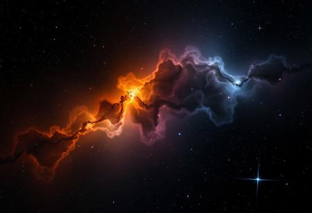 photorealistic dark translucent cosmic nebula in hues of black, orange, blue, and purple, and with 6 diffraction lines on stars