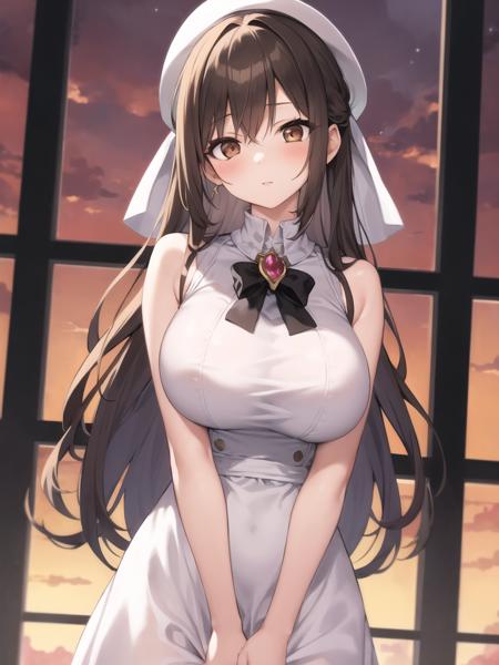 masterpiece,best quality,1girl,brown eyes,white dress,sleeveless,brooch,upper body,crimson sky,large breasts,cowboy shot