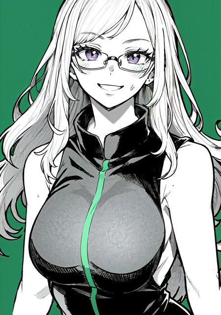 (masterpiece), best quality, solo, 1girl, green background, purple eyes, white hair,long hair, sleeveless shirt,  glasses, looking at viewer, grin, spot color, monochorome, greyscale with colored background, greyscale, upper body,  <lora:yotsumi_shiro:0.7>,