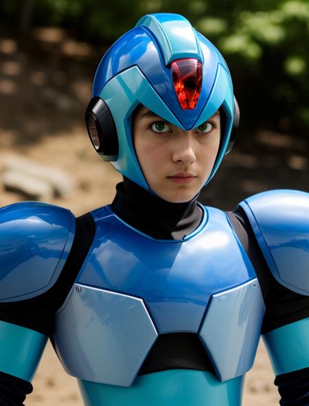 best quality, masterpiece, highres, detailed, realistic, cosplay, .35mm, <lora:Detail - add_detail:0.2>, 1man, android, XRockman, blue helmet, green eyes, red crystal, blue armor,  <lora:Character - XRockman:0.9>, valley,