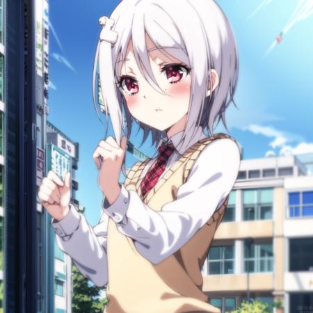 1girl, furano face, <lora:furano8:0.9>,upper body, blush,building,detailed background,white hair,hair ornament,above waist,dynamic pose,