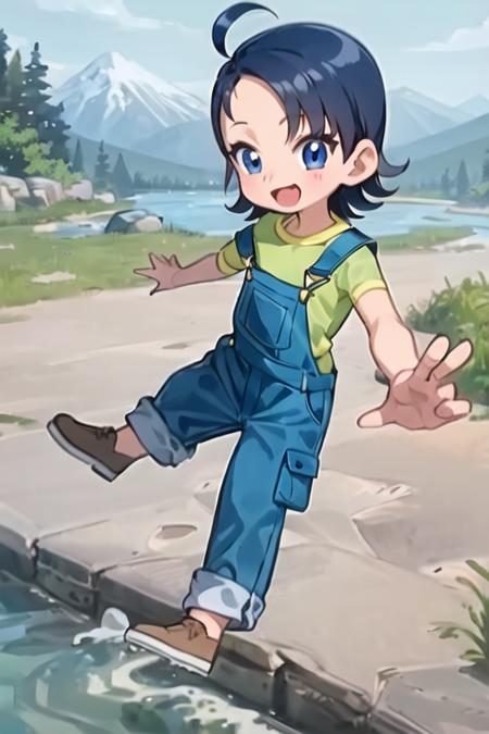 1girl, aksn_cs, blue eyes, short hair, blue hair, ahoge, bangs, forehead, blue overalls, green shirt, standing, looking at viewer, mountain, river <lora:aiko-senoo-casual:1>