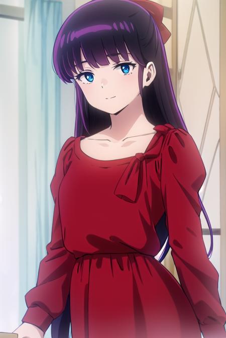 ryoukomendou, <lora:ryouko mendou s1-lora-nochekaiser:1>,
ryouko mendou, long hair, blue eyes, purple hair, bow, hair bow, mole, mole under eye, smile,
BREAK dress, red dress, collarbone, long sleeves,
BREAK indoors, classroom,
BREAK looking at viewer, (cowboy shot:1.5),
BREAK <lyco:GoodHands-beta2:1>, (masterpiece:1.2), best quality, high resolution, unity 8k wallpaper, (illustration:0.8), (beautiful detailed eyes:1.6), extremely detailed face, perfect lighting, extremely detailed CG, (perfect hands, perfect anatomy),