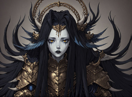 Endsinger, 1girl, armor, black hair, black lips, blue skin, closed mouth, colored skin, horns, long hair, looking at viewer, portrait, shoulder armor, solo,wings, multiple wings<lora:EndSinger:0.8>