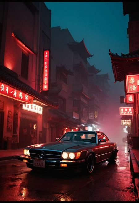 (Retro, 1970s aesthetic, 1960s aesthetic, vintage cinema, cinematic, ((Kodachrome 64, Ektachrome 64, overexposed, color burn )) RAW photo, real photo, 1080p) dynamic view, film grain, noise, smoky light, warm atmosphere, slight vignette around edge of image, cinematic lighting, contrast, heavy dynamic shadows, Cinematic Shot, Movie Still, Cinematic Lighting, lots of neon signs, Chinese theatre, neon Buddha signs, decorated China town street at night, wet looking terrain, wet road, rolling fog
Poster of: gangster style car, VIP, retro futurism aesthetic, a 1988 Mercedes Benz 500e but made by Lamborghini, Lamborghini influenced, fender flares, hood scoop, wide wheelbase, wide body kit, wide tires, aggressive stance, hood scoop, spoiler, negative offset wheels, volk wheels, stanced, bagged, BBS wheels, Borla exhaust, gloss black paint. Chinese triad members smoking cigarettes, sunglasses.