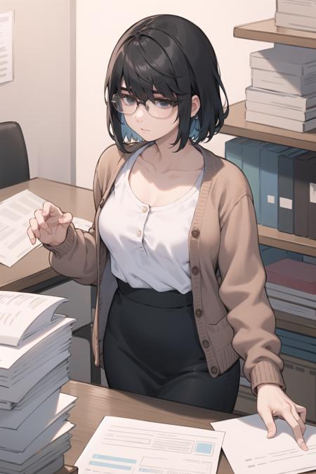 <lora:shirosaki-000034:1> shirosakisaori, glasses, cardigan, white shirt, scoop neck, black skirt, long skirt,
1girl, solo, office, paperwork, paper, phone