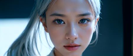 Photo portrait of a asian woman
with sparkling sky blue eyes, white hair, detailed skin, (half her face
 concealed in shadow:1.4), tight close up on face,
dark background, side lighting revealing her gaze, 
highly detailed face, sharp focus, cinematic shot, cinematic lighting, best quality, HDR, raw photo, film grain, RED digital cinema camera , anamorphic lens , 35mm lens , sci-fi movie scene, cinematic lighting, Cinemascope , masterpiece,  best quality,  (masterpiece,best quality:1.5), ultra realistic,32k,RAW photo,(high detailed skin:1.2), 8k uhd, dslr, soft lighting, high quality, ((film grain:1.5))
 ,eye level, in the style of Nathan Wirth