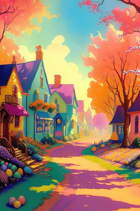 (low contrast ), colorfantasystyle  <lora:color_model:0.5> A sun-drenched Easter morning in a quaint village, painted in the style of Thomas Kinkade.