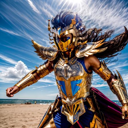 RAW photo of man wearing golden (defmas:0.8) armor, helmet <lora:defmas4:0.9>   chasing an enemy, determined look, dynamic pose, on a bright day sandy ruin, sun clouds, sand,(high detailed skin:1.2), 8k uhd, dslr, soft lighting, high quality, film grain, Fujifilm XT3 
 <lora:more_details:1>