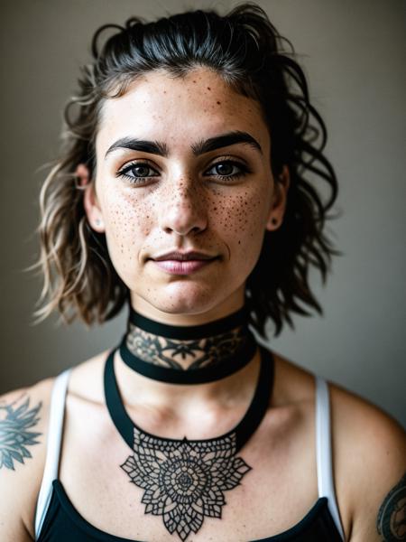  photo, rule of thirds, dramatic lighting, medium hair, detailed face, detailed nose, woman wearing tank top, freckles, collar or choker, smirk, tattoo, intricate background