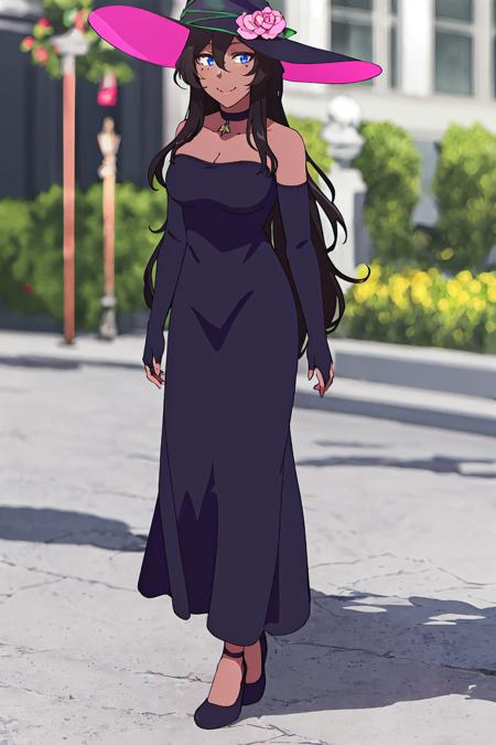 viola, 1girl, solo, black hair, long hair, blue eyes, dark skin, witch, witch hat, smile, choker, mole under left eye, hat flower, pink flower, sparkle, gem, hair between eyes, bare shoulders, black dress, strapless dress, full body, black footwear, bridal gauntlets, cleavage, outdoor
high quality, best quality, ultra detailed, masterpiece, medium breast, <lora:EMS-53119-EMS:0.800000>