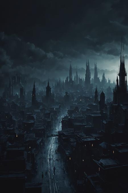 dark dreamscape, simple city background