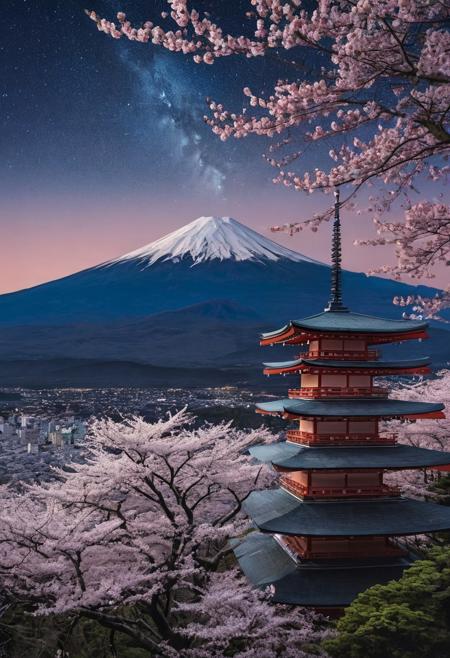 masterpiece, photorealistic, a vast spring forest, distant mountains, japanese pagoda, japanese architecture, japanese forest, cherry blossoms, night sky, mt. fuji, serene, peaceful, moonlight, low angle