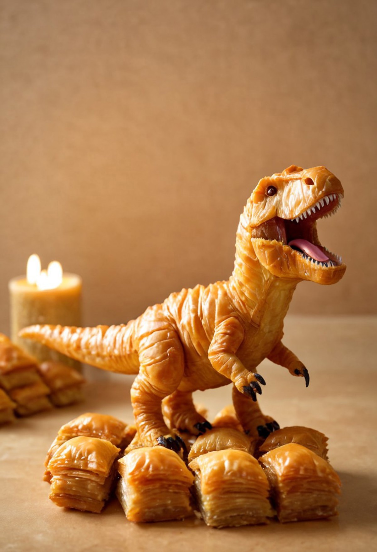 A pastry shaped like a Tyrannosaurus Rex standing on a table. The dinosaur pastry is positioned in an upright stance with its mouth open, as if roaring. Surrounding the base of the dinosaur are additional pieces of pastry. In the background, there is a lit candle, providing a warm ambiance to the setting. 