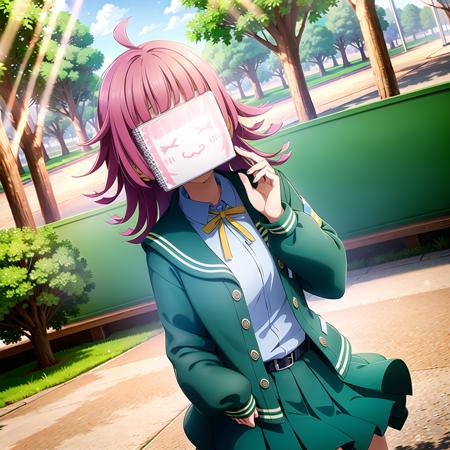 1girl, solo,(best quality),(masterpiece:1.1),(school uniform:1.4),Rina_chan_board on face ,green eyes, dress, looking_at_viewer, neck_ribbon, cute, clear facial skin,