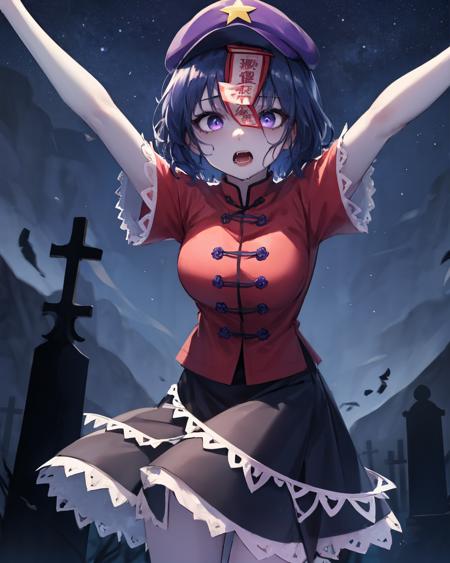 best quality, (masterpiece:1.2), illustration, absurdres, 
(1girl), (solo), (beautiful detailed girl),
<lora:Yoshika:0.9>,  Miyako Yoshika, (blue skin, purple skin:1.1), dark blue hair, purple eyes, medium breasts, zombie, jiangshi, undead
(purple headwear:1.1), yellow star ornament, ofuda on forehead, red shirt, short sleeves, black skirt with frills, tangzhuang, chinese clothes,
open mouth, fangs, drooling, angry, looking at viewer,
graveyard, gravestones, dead trees, night, dark, starry sky, distant mountains,
((outstretched arms, arms forward, reacubg towards viewer, stiff limbs)),