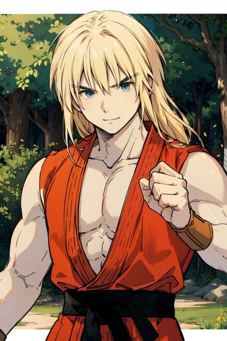 kenalpha, 1boy, male focus, blonde hair, long hair, muscular, gloves, fingerless gloves, pectorals, martial arts belt, kimono