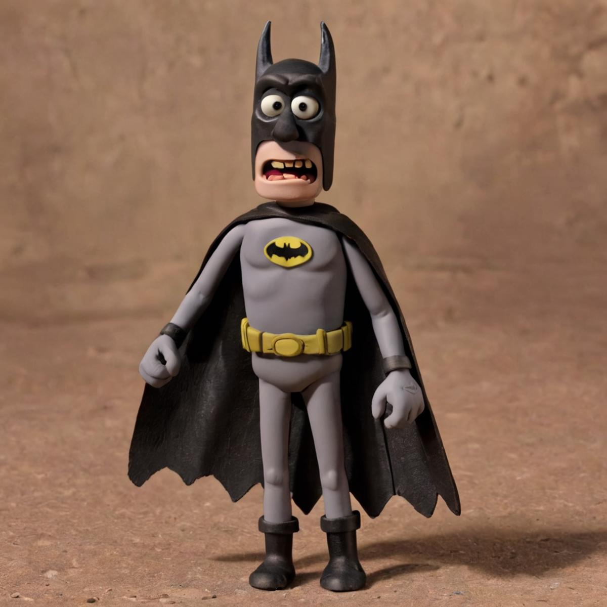 A cartoon version of Batman with a big mouth and wide eyes.