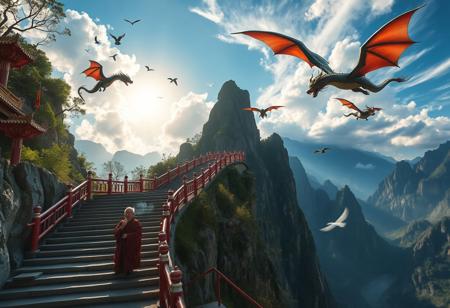 ultra fine detail, highly detailed and intricate details, cinematic, high definition, Tianzi Mountains, Chinese mountains, blue skies, forest, river, birds flying, sun behind mountain, shadow cast, The mountains are tall, there are few trees on the mountain, there are stone stairs leading up the mountains, the mountains pierce the sky, the clouds are swirling around the mountains, the clouds are breaking apart allowing light to pass through them, dragons flying between the mountain peaks, the dragons are playing, there are a few dragons resting on the mountain peaks, there is an old monk on the stair case, the old monk is smoking from a pipe and watching the dragons, there are red wooden guard railings along the stair case up the mountain, dragon focus, aerial view, view from above, Chinese style painting,