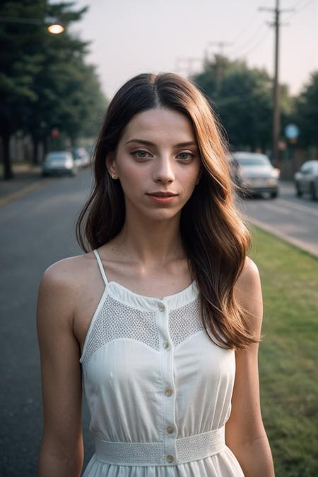 AngelaS_SoloTI_v1,
(In a simple sundress with a light cardigan, with natural makeup and a warm smile, for a friendly and approachable look),
(A sunny suburban street, with children playing and well-kept lawns, an atmosphere of warmth and familiarity:1.3),
(seductive:1.3),(analog, cinematic, film grain, hazy atmosphere, cinematic shot:1.3),
 <lora:add_detail:0.6>, PA7_Portrait-MCU,