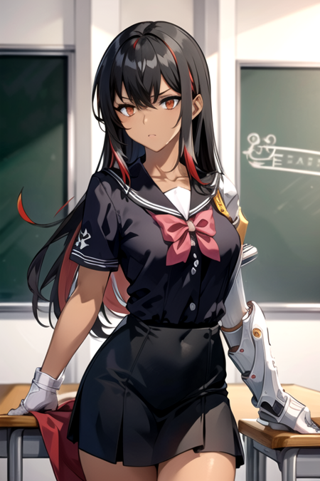 <lora:RavenV2-10:0.7> , ravenc, solo, 1girl, black hair, long hair, streaked hair, school uniform, dark skin, dark-skinned female, single mechanical arm, classroom