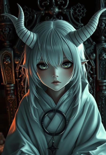score_9_up, score_9, score_8_up, score_8, score_7_up, score_7, cinematic lighting, raw, high quality, 4k resolution, absurdres, masterpiece, dynamic lighting, high contrast, morimee_style, detailed face, 
1girl, solo, cute, [mature], (white horns:1.3), pale skin, (black eyes), (black sclera), black makeup, black lipstick, ((white hair)), (white robe:1.2), mouth closed, (circlet:1.1),
(disgust:0.8), looking at viewer,
throne, ruins, castle, dark,
(black background:1.2)