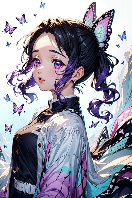 shinobu, 1girl, solo, looking at viewer, short hair, black hair, hair ornament, purple eyes, jacket, upper body, purple hair, earrings, parted lips, japanese clothes, from side, profile, bug, black background, butterfly, butterfly hair ornament, haori, blue butterfly, demon slayer uniform, updo, butterfly print, masterpiece, <lora:shinobu:1>