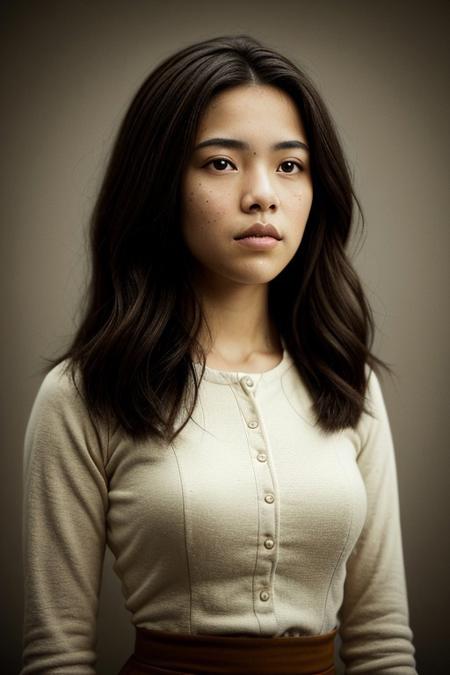 The monochrome image portrays a big breasts Caucasian young woman with short, dark hair holding a vintage camera close to her face, partially obscuring one of her eyes. She gazes directly into the lens with an intense, thoughtful expression. The photograph has a distinct cinematic and nostalgic aesthetic, with soft lighting, a grainy texture, and subtle color grading that gives it a vintage, film-like quality.
Subject and Composition
The subject's face is positioned slightly off-center, drawing immediate attention to her sharp and expressive features. Her dark, well-defined eyebrows frame her deep-set eyes, which are slightly shadowed, adding to the introspective mood of the image. Her lips, which are slightly parted and tinted a natural red, contrast subtly with her smooth, pale skin. Strands of hair fall loosely across her face, reinforcing the unposed, organic nature of the portrait. full body, side view,
Ultra High Definition, Impeccable Detail, Premier Quality, Best-in-class, (Photorealistic), (Lifelike), Top quality, score_9, score_8_up, score_7_up, score_6_up, score_5_up, score_4_up, (perfect anatomy), Smooth Anime Night, Expressiveh, realistic skin, detailed skin, detailed skin pore, skin texture style, amateur, raw photo,