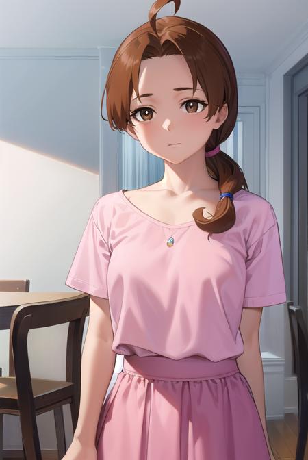 deliaketchum, brown hair, (brown eyes:1.7), parted bangs, (ahoge:1.5), ponytail, low ponytail, shirt, pink shirt, short sleeves, skirt, blue skirt, long skirt,