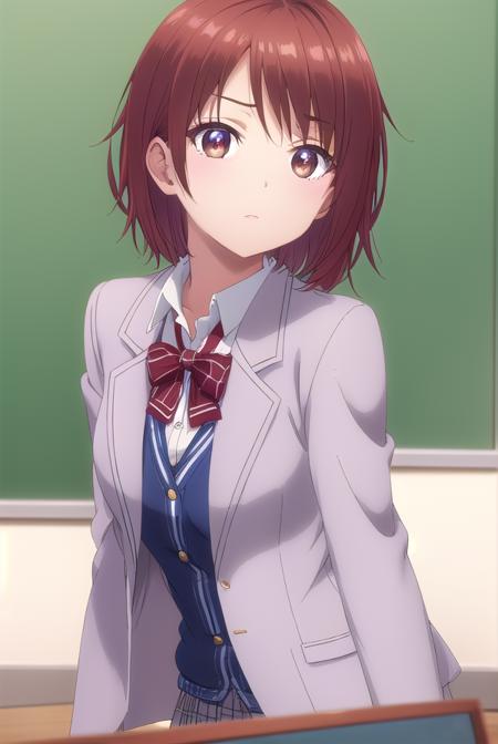 chitoseshirakawa, <lora:chitose shirakawa s1-lora-nochekaiser:1>,
chitose shirakawa, short hair, (brown eyes:1.5), red hair,
BREAK skirt, bow, school uniform, jacket, pleated skirt, plaid, plaid skirt, blazer, cardigan,
BREAK indoors, classroom,
BREAK looking at viewer, (cowboy shot:1.5),
BREAK <lyco:GoodHands-beta2:1>, (masterpiece:1.2), best quality, high resolution, unity 8k wallpaper, (illustration:0.8), (beautiful detailed eyes:1.6), extremely detailed face, perfect lighting, extremely detailed CG, (perfect hands, perfect anatomy),